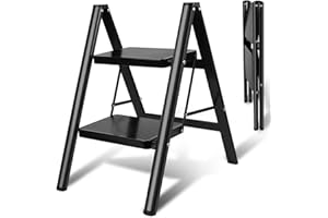 2 Step Ladder Folding Step Stool Black with Wide Anti-Slip Pedals,Aluminum Portable Lightweight Ladder for Home, Kitchen, Off