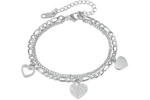 VJOSA Fashion Stainless Steel Heart Charm Double Layer Link Chain Bracelet