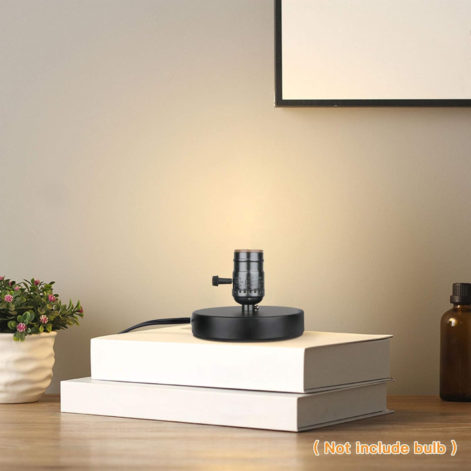 Vintage Table Lamp Base, Lamp Base Without Shade, E26 E27 Short Edison Light Bulb Stand, Small Simple Exposed Lamp Base, with Plug in 5.8ft Cord On/Off Switch Mini Industrial Basic Lamp (Gloss Black) - - 