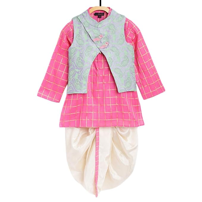 Peaches By Hopscotch Boys Cotton Dhoti And Kurta Set With Criss-Cross Jacket Style In Multi Color