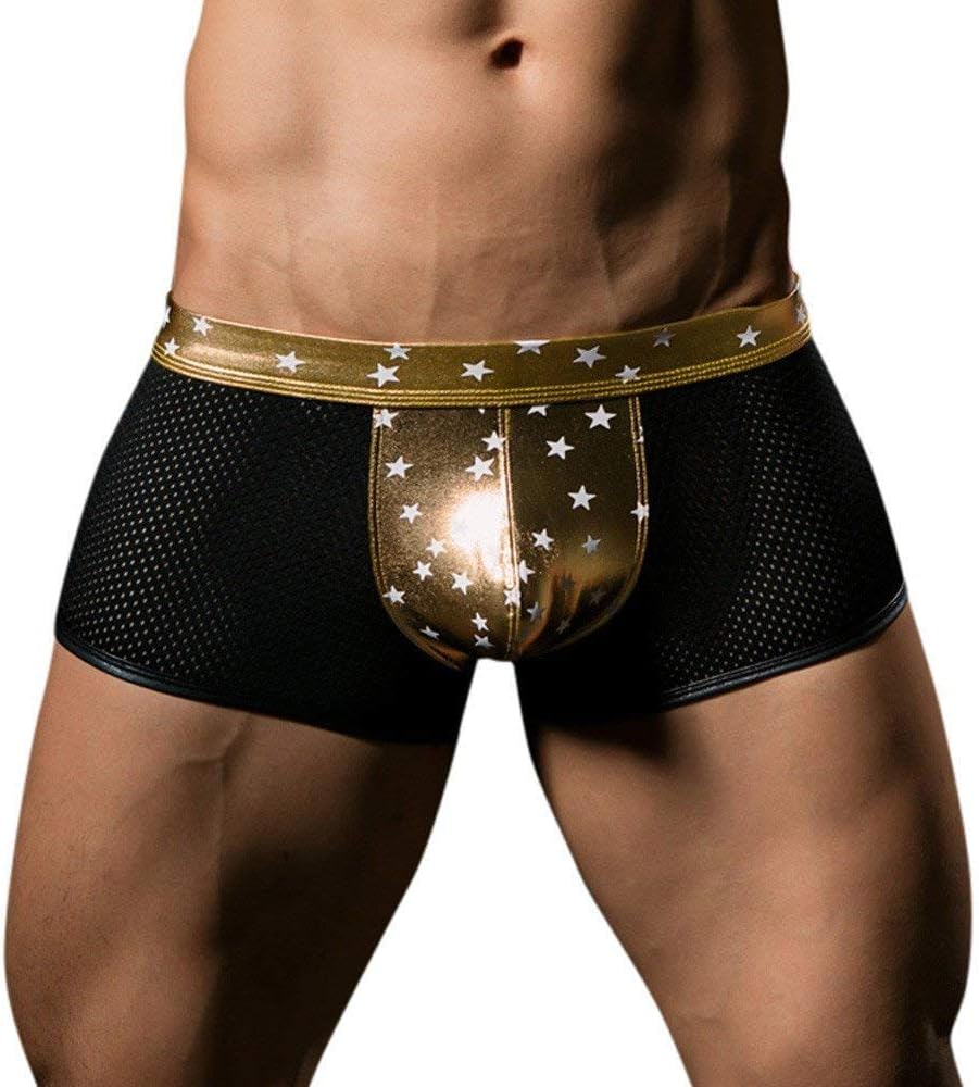 Mens Sexy Underwear Stars Printing Shorts Underpants Mesh Breathable Imitation Leather Briefs