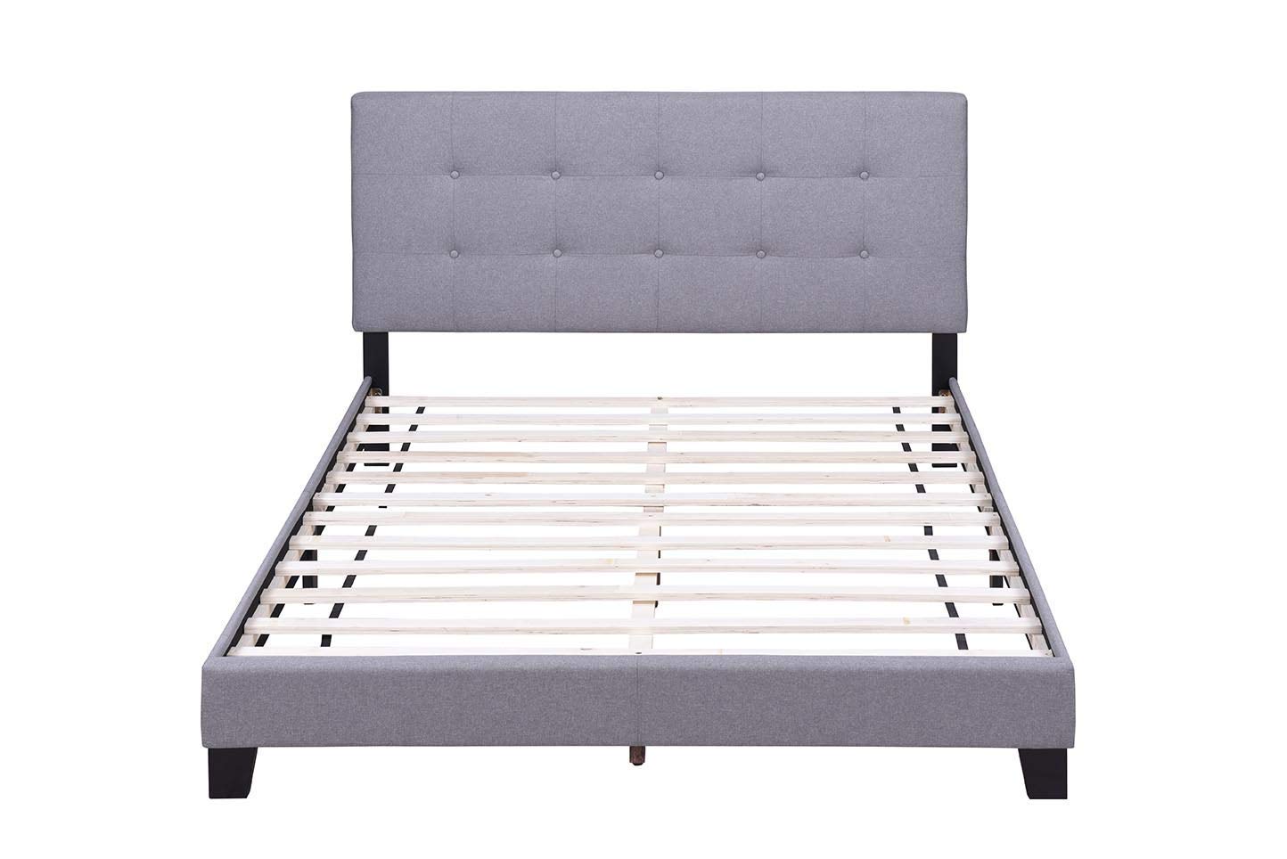 FLIEKS Bed Frame Upholstered Platform Mattress Foundation with Wooden Slat Support and Tufted Headboard (Grey, Queen)