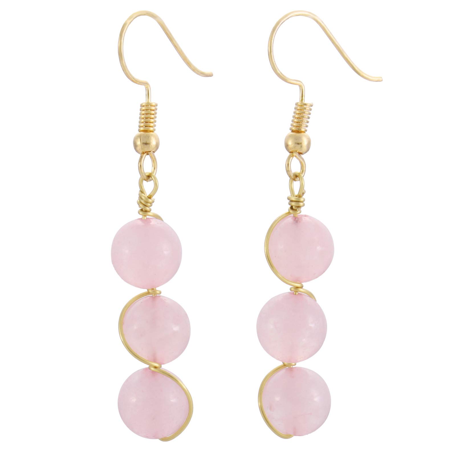 Nupuyai Rose Quartz 3 Beads Wire Wrap Vintage Drop Earrings for Women, Healing Crystal Stone Dangle Earrings for Wedding Party, 50mm