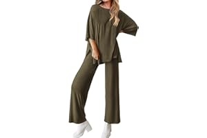 BTFBM Women 2 Piece Outfits Casual Loose Slit Short Sleeve Top Wide Leg Pants Matching Lounge Sets Tracksuit With Pocket