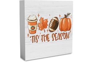 WRSUNT Rustic Tis' the Season Pumpkin Wood Box Sign, Farmhouse Retro Fall Artwork Decor, Autumn Harvest Thanksgiving Wooden Square Sign Desk Block Signs Home Shelf Office Decoration 5 x 5 Inches
