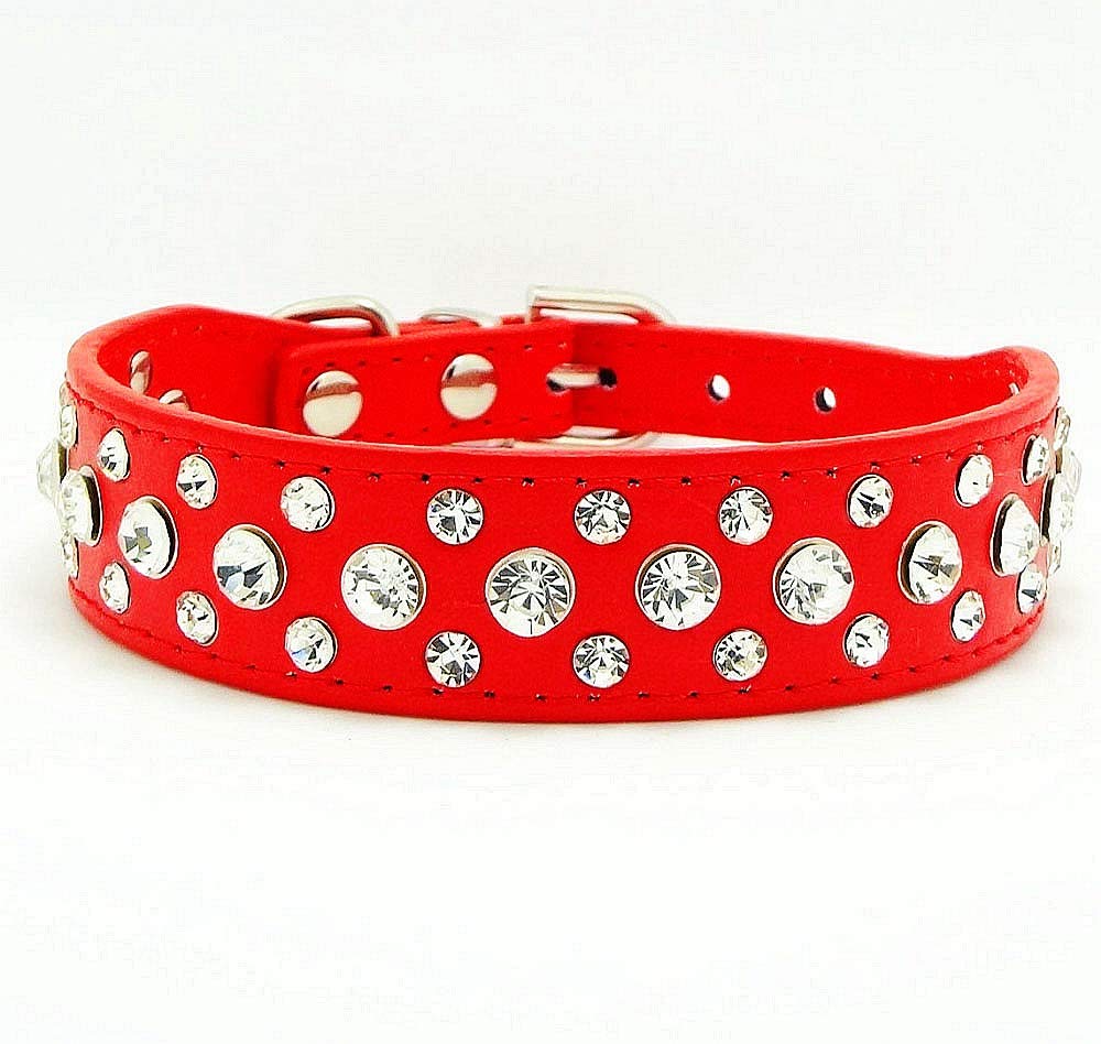 haoyueer Bling Rhinestone PU Leather Crystal Diamond Pet Dog Cat Puppy Collar S M L XL (L, Red)
