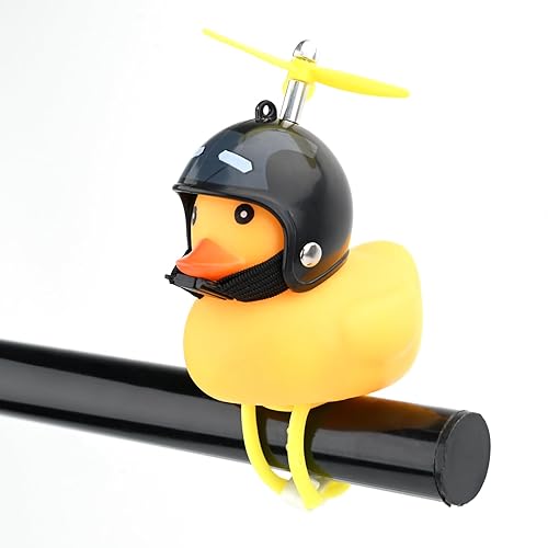 Duck Bike Bell Rubber Duck Cute Bicycle Bell with LED Light and Propeller Bicycle Decorations Accessories Scooter Handlebar Ring Duck on a Bike for Kids Toddler Sports Outdoor Duck Toys (Black Iron)