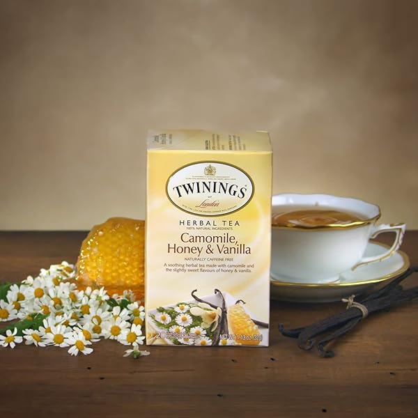 TWININGS TEA, CAMOMILE, HONEY & VANILLA – COMFORTING CAFFEINE FREE BLEND, TWININGS CAMOMILE TEA BAGS WITH HONEY & VANILLA, SOOTHING TWINING SLEEP TEA BEVERAGE, 20 COUNT