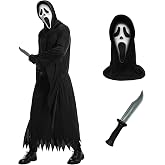 Halloween Scream Costume for Adults with White Mask, Knife Prop 01 | Classic Scream Mask, Black Mens/Womens Robe, Killer Cosplay Set, Scary Halloween Costumes