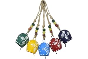 Vivanta Handmade Metal Bells – Set of 5 (7cm) Hanging Cow Bells with Rope & Beads – Hand-Painted Vintage Bells for Farmhouse, Boho Wall Decor, Witch Bells, Christmas Ornaments & Wind Chimes