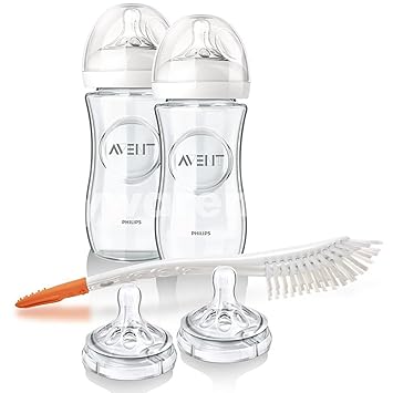 Philips Avent Glas Flaschen Set Naturnah // 2 x Glas Flaschen 240 ml inkl. 4 Naturnah Sauger & Bürste