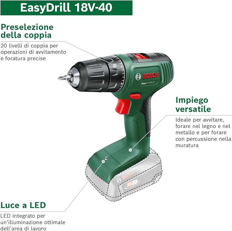 Trapano avvitatore a batteria EasyDrill 18V-40 (2 batterie da 2,0 Ah, sistema 18 volt, in custodia per il trasporto)