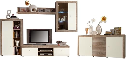 Expendio Wohnzimmer Lamount D 289 463 X202x50 Cm Eiche Magnolie Schrankwand Wohnwand Vitrine Wandschrank Wandboard Tv Board Led Beleuchtung Amazon De Kuche Haushalt