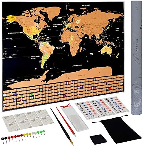 Scratch Off Map Of The World Poster - Travel World Map with States - Maps Accessories, Large 32.5 x 23.5 Gold and Black, Scratch to Reveal Colors Bonus Flags, Stickers, Pins, Hanging Supplies and More
