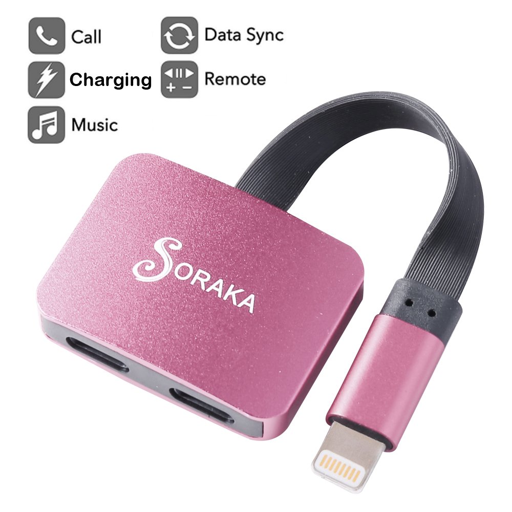 SORAKA Lightning Splitter & Adapter for iPhone 7/iPhone 7 Plus/ iPhone 8/ iPhone 8 plus/iPhone X, 2 in 1 Dual Splitter Audio and Charge with Call Function (Support iOS 11) (Rose Gold)
