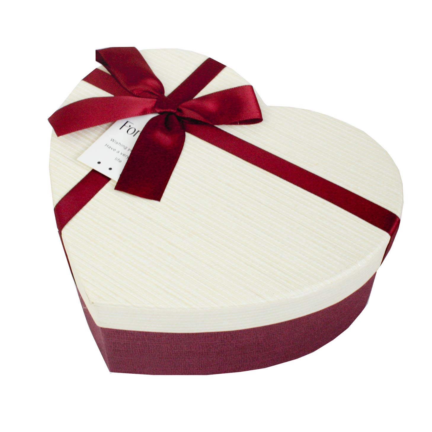 Emartbuy Gift Box, 19 x 17 x 7.5 cm, Burgundy Box with Cream Striped Lid and Satin Bow Ribbon