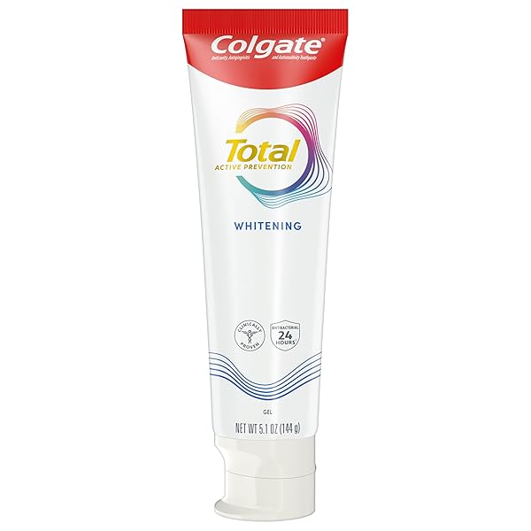 COLGATE TOTAL ACTIVE PREVENTION WHITENING GEL TOOTHPASTE, WHITENING FLUORIDE TOOTHPASTE, CLINICALLY PROVEN FLUORIDE FORMULA HELPS FIGHT PLAQUE BACTERIA, MINT, 5.1 OZ