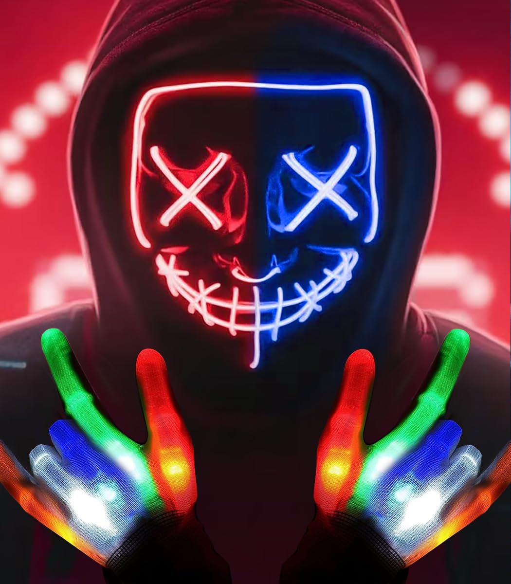 SogYupk Halloween Purge Mask with Gloves LED Scary Mask for Halloween Costume Party, Masquerade Cosplay Light Up Purge Face Cover with 3 Lighting Modes for Men Women Adults (Red+Blue)
