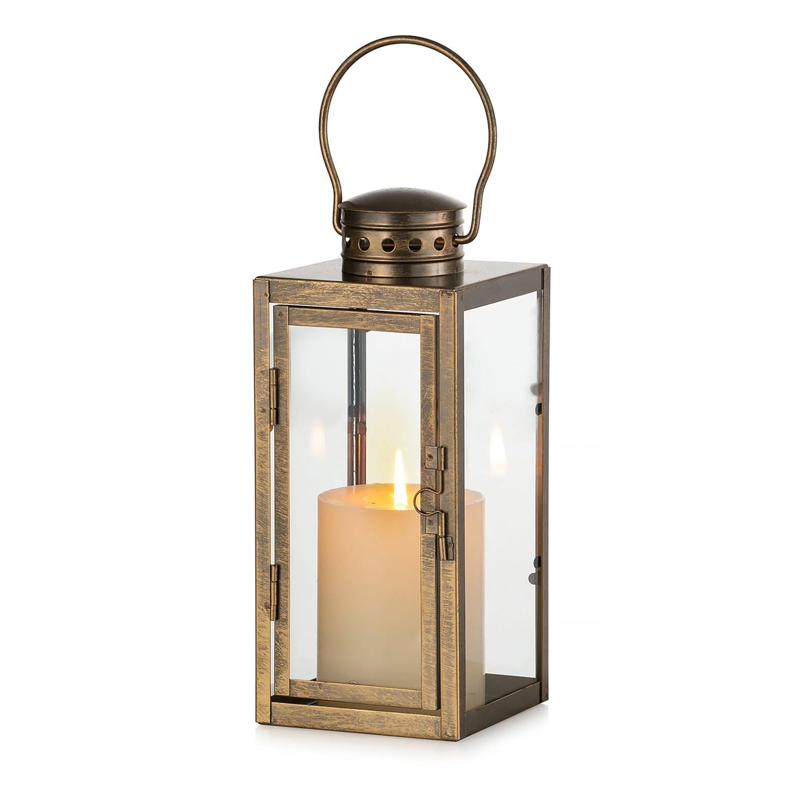 NUPTIO Vintage Lanterns Gold Distressed: 24cm Tall Decorative Hanging Farmhouse Metal Lantern Indoor Decor with Glass - Candle Holder for Halloween Home Mantle Living Room Patio