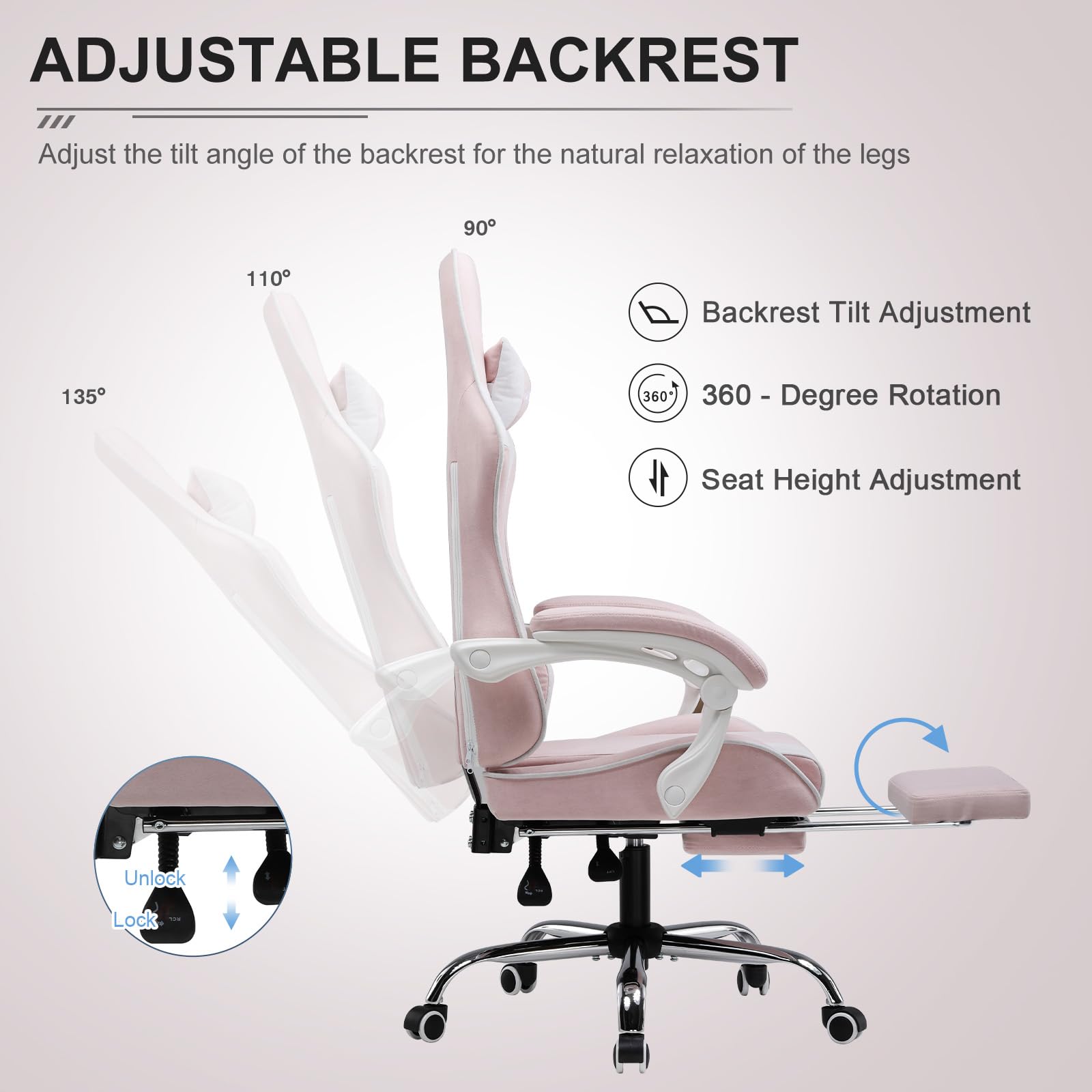 Gtplayer Fabric Gaming Chair, Massage Ergonomic Computer Chair With Footrest, Lumbar Support, Headrest, Height Adjustable Home Office Reclining Pc Racing Chairs Pink - View 6