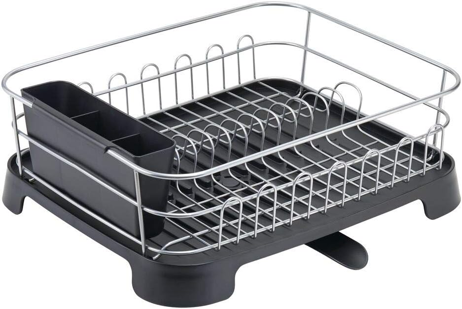 mDesign Large Kitchen Countertop, Sink Dish Drying Rack with Removable Cutlery Tray and Drainboard with Adjustable Swivel Spout - 3 Pieces, Silver Wire/Black Plastic Cutlery Caddy and Drainboard: Kitchen & Dining