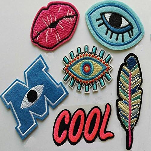 6 Pcs Cute Lips, Eyes, English letters and Trees Patches Iron On Embroidered Motif Applique Glitter Sequin Decoration Patches DIY Sew on Patch for Jeans, clothing