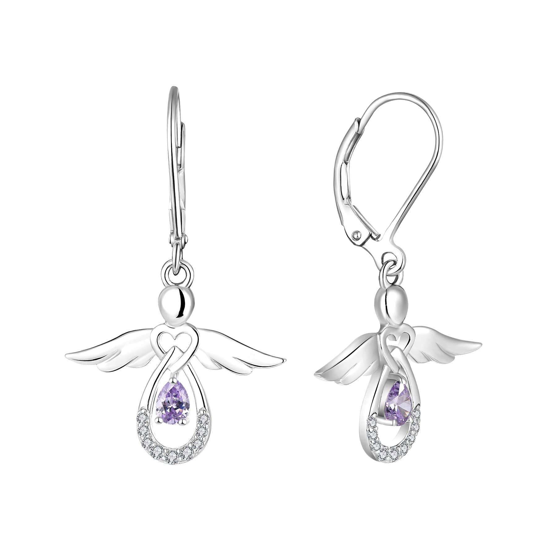 FJ Guardian Angel Earrings 925 Sterling Silver Leverback Dangle Drop Earrings Alexandrite June Birthstone Jewellery for Women