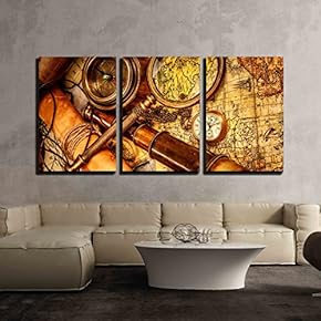 3 Piece Canvas Wall Art - Vintage Magnifying Glass, Compass, Telescope and a Pocket Watch Lying on an Old Map. - Modern Home Art Stretched and Framed Ready to Hang - 16"x24"x3 Panels
