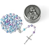 WHLHMK Rosary Beads for Women With Box, Blue Crystal Catholic Necklace, Last Supper Vintage Jewelry Box, Anglican Prayer Beads Christian Gifts