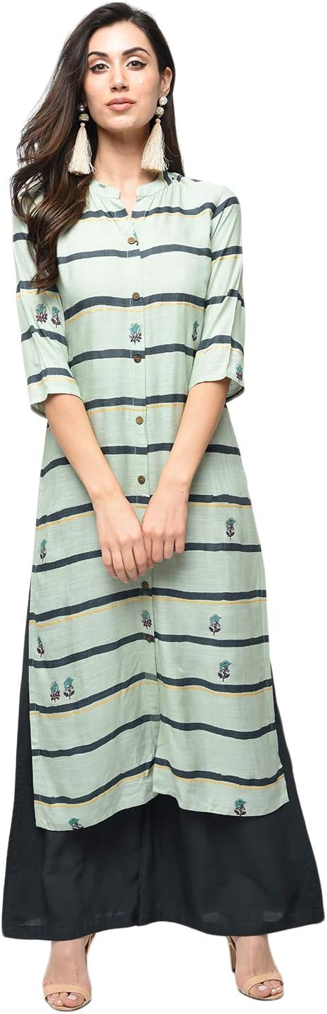 RAJMANDIRFABRICS Women's Rayon Floral Gold Printed Straight Kurta with Grey Palazzo Set