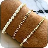 Bohxantium Gold Pearl Beaded Bracelets Set for Women 14K Gold Plated Beades Bracelet Stack Handmade Adjustable Stackable Dainty Non Tarnish Link Chain Jewelry Boho Friendship Trendy Gift