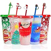 TANSHICT Christmas Cold-Color-Changing Cups with Lids and Straws Include Straw Covers,Christmas Tumblers for present,Coffee Cups For Festival,Reusable Cups For FIFA Wolrd Cup,5 Pack,24 oz