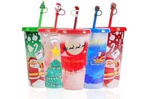 TANSHICT Christmas Cold-Color-Changing Cups with Lids and Straws Include Straw Covers,Christmas Tumblers for present,Coffee Cups For Festival,Reusable Cups For Party,5 Pack,24 oz