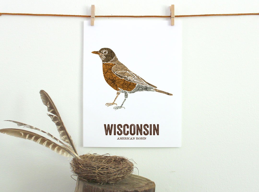 Amazon Com Wisconsin State Bird Nature Art Outdoor Art Vintage Map Art Art Print Wall Decor Rustic Nursery Map Prints American Robin Handmade