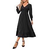 Dokotoo Womens 2026 Wrap V-Neck Twist Knot Long Sleeve Empire Waist Midi Maxi Dress A-Line Ruched Flowy Dress with Pockets