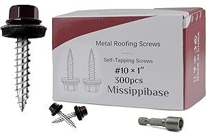 MISSIPPIBASE Metal Roofing Screws #10 × 1 Inch, 300 PCS,Brown Painted Hex Head Sheet Metal Roof Screws,Rubber Washer,Sharp Point,Self Starting Metal to Wood Siding Screws, EPDM Washer,Hex Socket Included