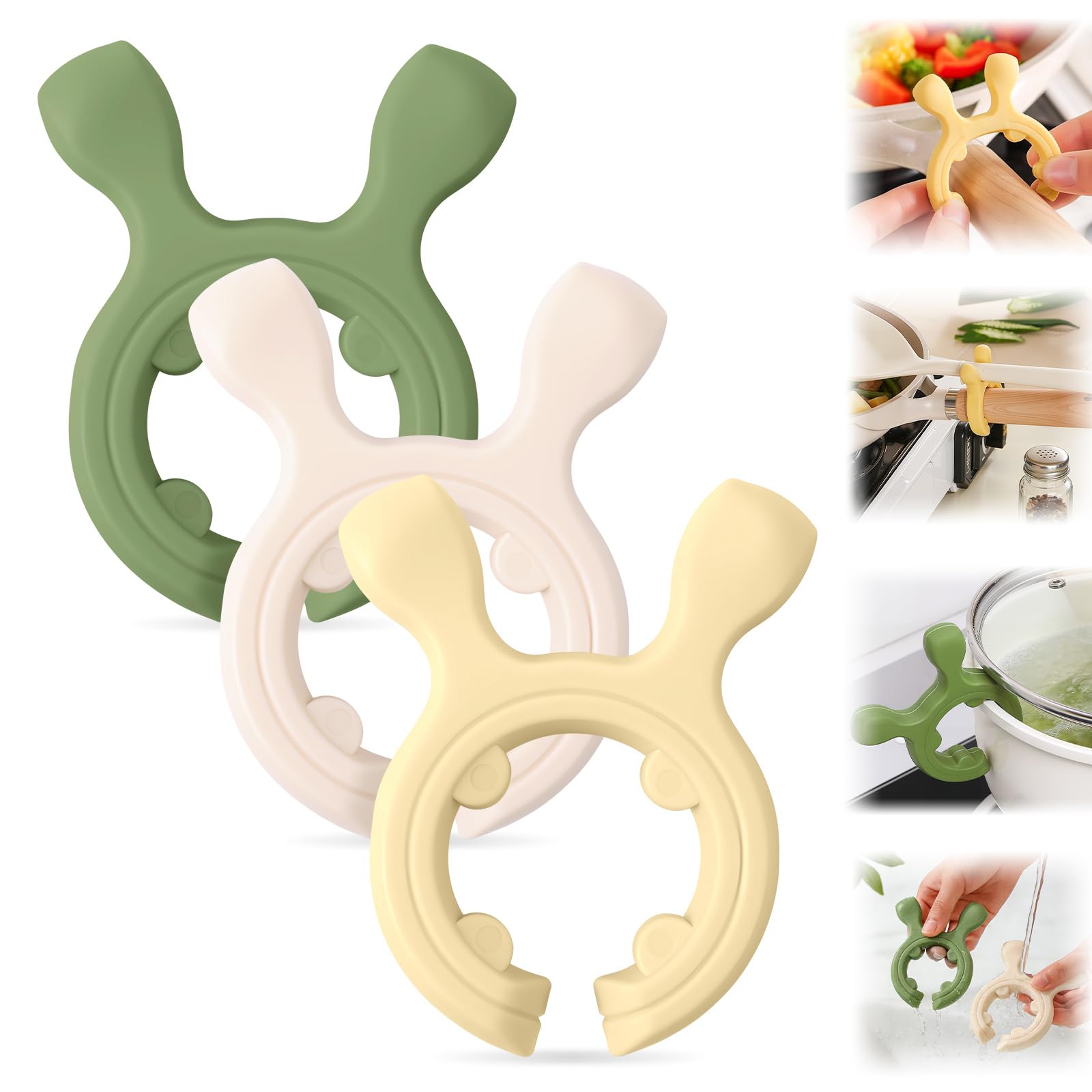 Photo 1 of 2026 New Multifunction Silicone Pot Handle Spatula Rack, 3 Pack Spatula Holder Mini Kitchen Gadgets, Non-Slip Anti Scalding Pot Clip, Drip-Free Design for Pot Pans (White + Green + Yellow)