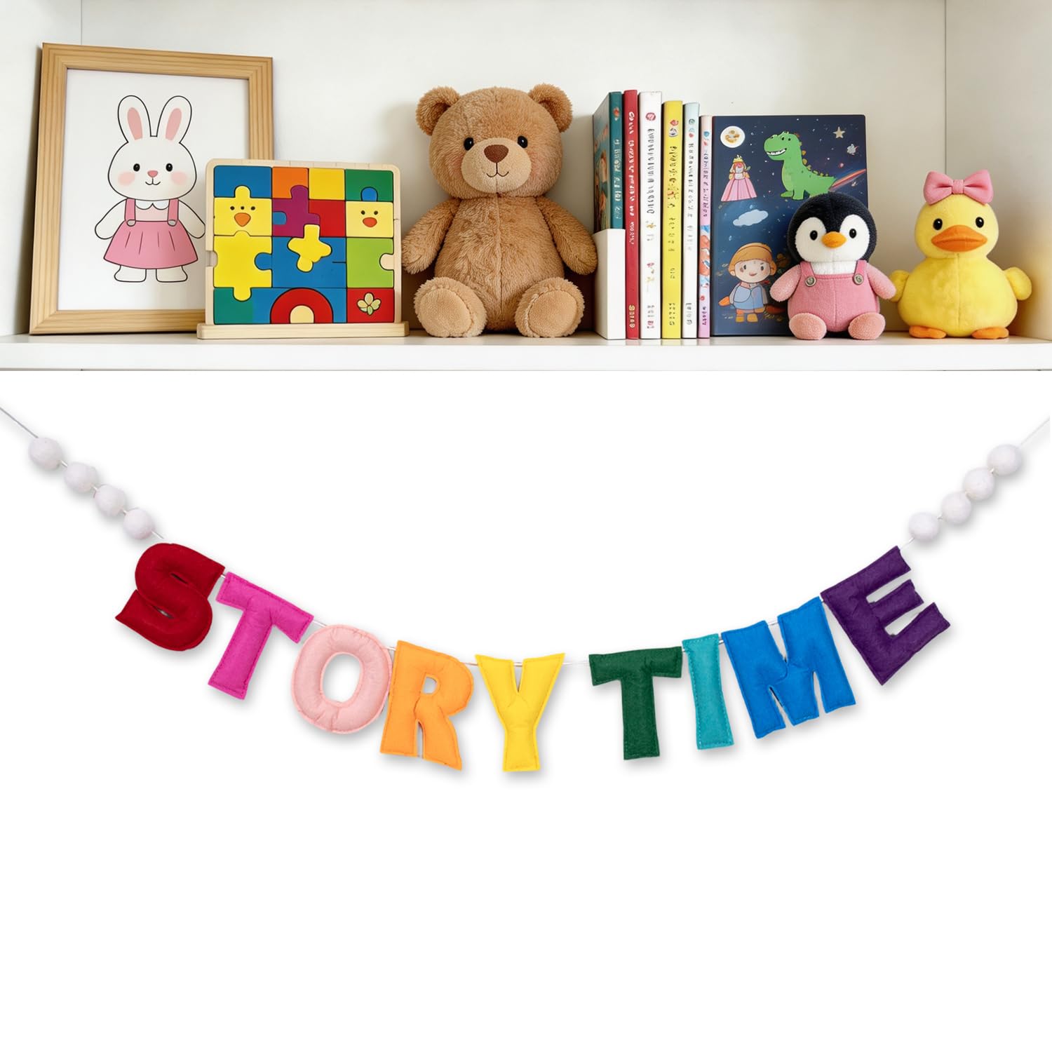 Pre-Strung Felt Storytime Banner - Handmade Nursery Story Time Wall Sign 3D Wool Rainbow Storytimes Felt Garland, Reusable Reading Corner Decor for Nursery Kids Room Classroom Library(Storytime)