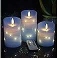 danip Sky Blue LED Flameless Candle, with Embedded Star String, 3-Piece Set of LED Candles, with 11 Button Remote Control, 24-Hour Timer Function, Dancing Flames, Real Wax, Battery Powered.