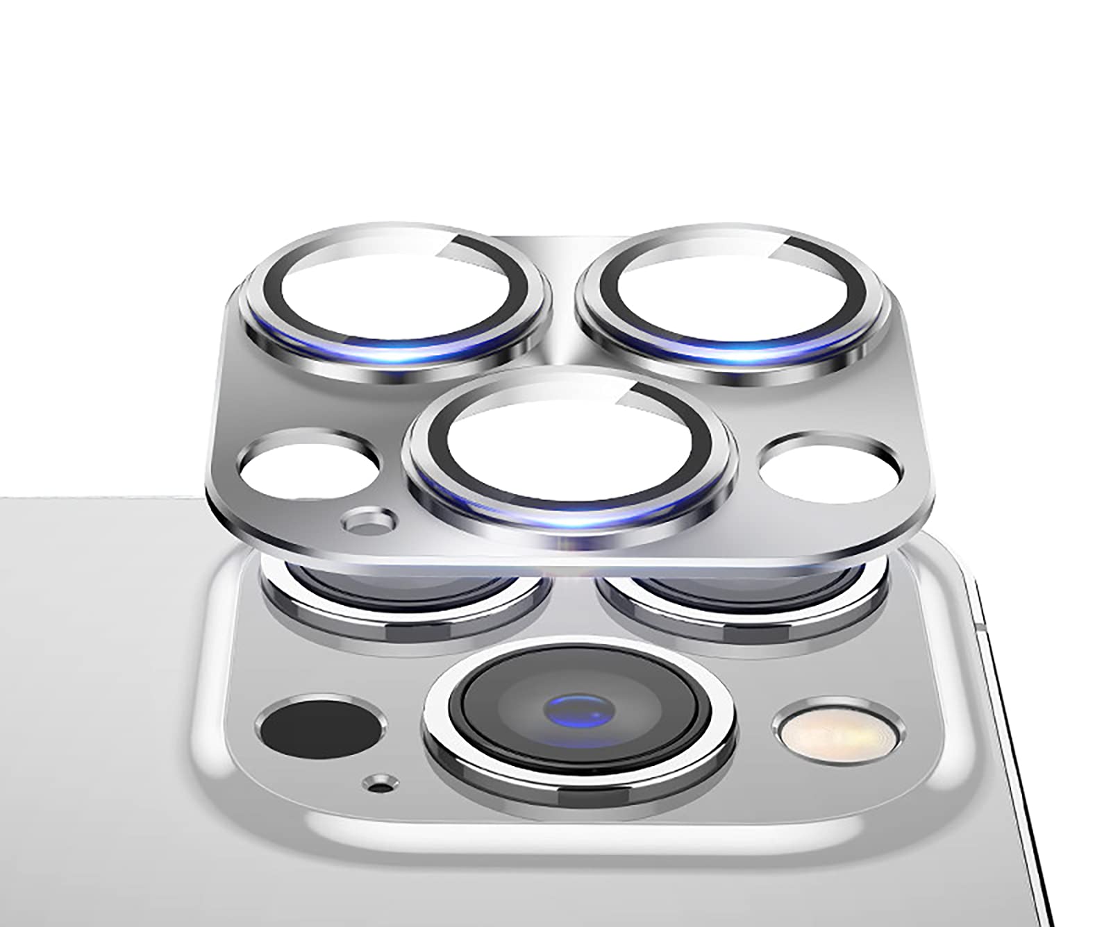 GIOPUEY Camera Protector for iPhone 13 Pro Max, iPhone 13 Pro Camera Lens Protector [2 in 1 Material] Metal Frame + Tempered Glass - Silver