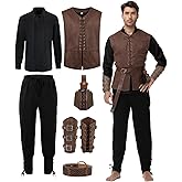 Dicxoser Renaissance Medieval Costume for Men - Pirate Viking Costume 7 Pcs Set, Medieval Cosplay Halloween Outfit
