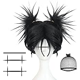 BESTBEL+Hair Cap+Tattoo Sticker Choso Wig Short Spiky Black Wig with 2 Buns for Anime Cosplay Black Synthetic Anime Hair for Cartoon Cosplay Halloween Mens Outfit for Costume Party