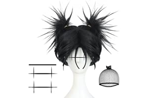 IMEYLE Cosplay Wig (+3 Tattoo Sticker) Short Black 2 Ponytails Wigs for adult Black Wig for Anime Cosplay Costume for Halloween Outfit Tattoo Wigs for Party+Hair Cap