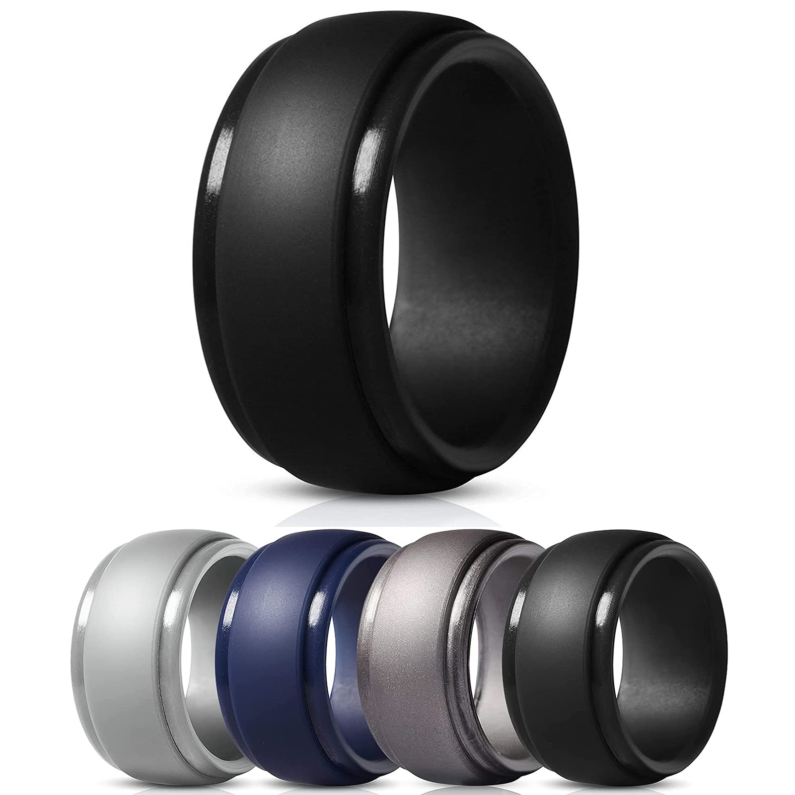 Pwsap 4PACK Fashion Silicone Wedding Rings for Men, Breathable Step Edge Sleek Design Rubber Wedding Bands, Classic Mens Silicone Rubber Ring, Comfortable Fit Skin Safe, Size 9#