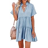 Dellytop Womens Drawstring V Neck Dress Ruffle Tiered Short Sleeve Babydoll Tunic Swing Sundresses Sky Blue