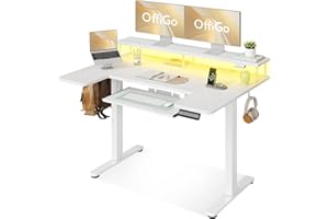 OffiGo U Shaped Electric Standing Desk with Keyboard Tray, 48 Inch Height Adjustable Desk with Power Outlets & LED Lights, Sit Stand Table with Monitor Stand for Home, Office, White