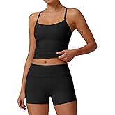 Aoysky Womens Buttery Soft 2 Piece Workout Sets High Waisted Booty Biker Shorts Halter Padded Tank Tops Pilates Athletic Sets