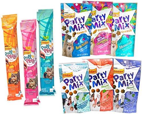 Friskies Pull 'n Play / Party Mix Cat Treat Variety Box - 12 Items - (6 Pull 'n Play Tender String Packs & 6 Friskies Party Mix Crunch Treats Flavors)