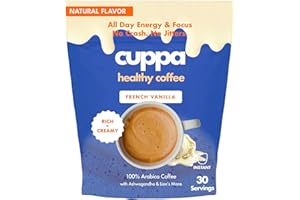 CUPPA HEALTHY COFFEE Cuppa French VanillaHealthy Mushroom Instant Coffee with Lion's Mane & Ashwagandha for All Day Energy & Focus - No Crash or Jitters - Nootropics for Brain Health, Gut Health, Immunity, Stress, Memory + Mood - 30 Servings
