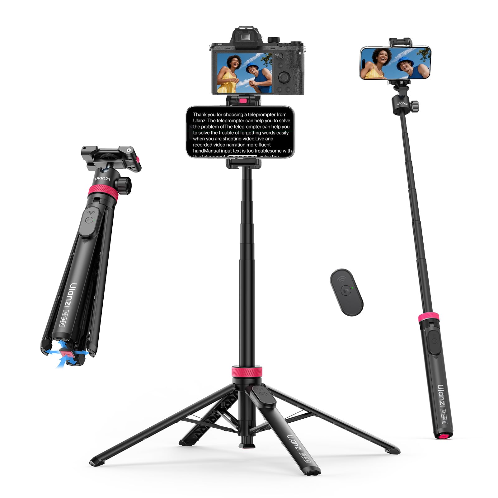 ULANZI MT-44B Phone Tripod, 59'' Auto Open Phone Stand with Dual Camera Set up, 360° Ball Head, Extendable Selfie Stick w Cold Shoe for Filming/Selfie in Vlog, Family Gatherings, Black
